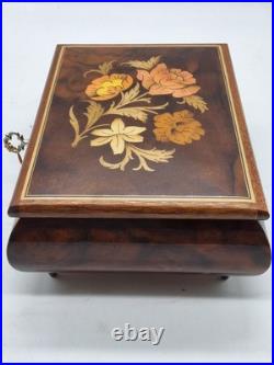 VTG Reuge Swiss Music Box Italy Inlaid Spanish Eyes Marquetry Jewelry Box Key