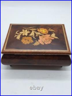 VTG Reuge Swiss Music Box Italy Inlaid Spanish Eyes Marquetry Jewelry Box Key