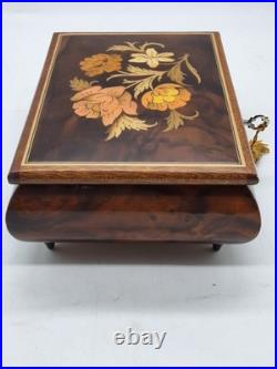 VTG Reuge Swiss Music Box Italy Inlaid Spanish Eyes Marquetry Jewelry Box Key