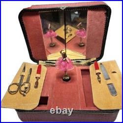 VTG Thorens Swiss Movement Music Vanity Box WithNail Tools Pink Ballerina- Works