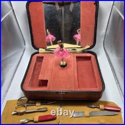 VTG Thorens Swiss Movement Music Vanity Box WithNail Tools Pink Ballerina- Works