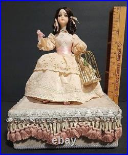 Victorian Mechanical Automaton Girl Crying Bird Antique Wax Doll Music Box
