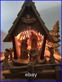 Vintage Anri Christmas Wood Carved Light Up /motion Nativity Music Box