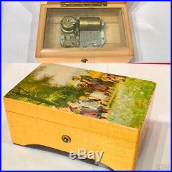 Vintage Antique Swiss Cylinder Music Box With Oak Case And Hand Painted On It