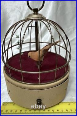 Vintage Antique Wind-Up Bird in a Cage Music Box and Jewelry Box WORKS