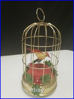 Vintage BIRD CAGE Feathered Music Box AUTOMATON Schmid Bros Christmas red holly