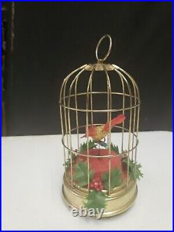 Vintage BIRD CAGE Feathered Music Box AUTOMATON Schmid Bros Christmas red holly