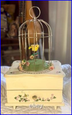 Vintage Bird Cage Musical Automaton Jewelry Box, Bird Cheerfully Swings, Works