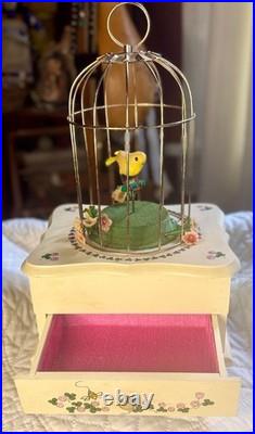 Vintage Bird Cage Musical Automaton Jewelry Box, Bird Cheerfully Swings, Works