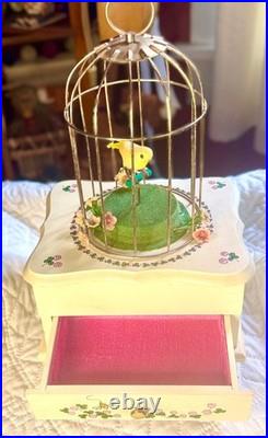 Vintage Bird Cage Musical Automaton Jewelry Box, Bird Cheerfully Swings, Works