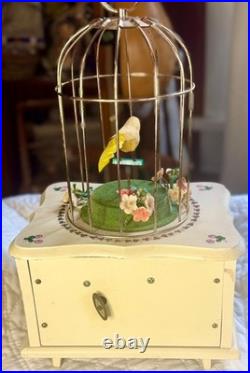Vintage Bird Cage Musical Automaton Jewelry Box, Bird Cheerfully Swings, Works