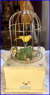 Vintage Bird Cage Musical Automaton Jewelry Box, Bird Cheerfully Swings, Works