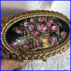 Vintage Brass Roses Jeweled open, Music RING Keepsake Unique Read