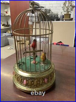 Vintage Bronze West German Music Box, Bird Cage with Animated Singing Birds