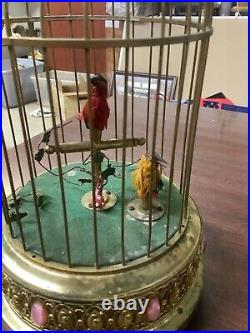 Vintage Bronze West German Music Box, Bird Cage with Animated Singing Birds