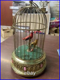 Vintage Bronze West German Music Box, Bird Cage with Animated Singing Birds