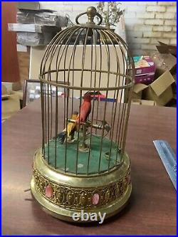 Vintage Bronze West German Music Box, Bird Cage with Animated Singing Birds