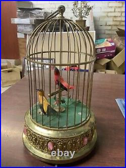 Vintage Bronze West German Music Box, Bird Cage with Animated Singing Birds