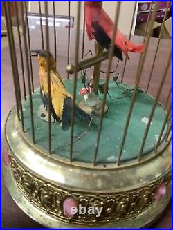 Vintage Bronze West German Music Box, Bird Cage with Animated Singing Birds