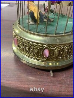 Vintage Bronze West German Music Box, Bird Cage with Animated Singing Birds