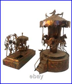 Vintage Copper Wind-Up Musical Carousel Horses 1960s MCM Music Home Decor Lot 2