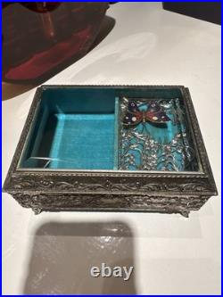Vintage Enamel Butterfly Automaton Music Box Jewelry Box