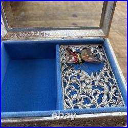 Vintage Enamel Butterfly Automaton Music Box Jewelry Box