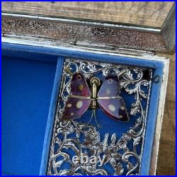 Vintage Enamel Butterfly Automaton Music Box Jewelry Box