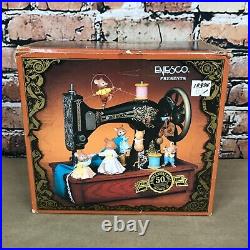 Vintage Enesco Sew Petite Sewing Machine Animated Music Box Works With Box