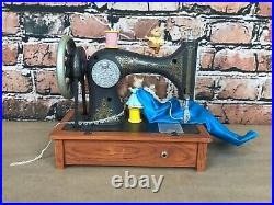 Vintage Enesco Sew Petite Sewing Machine Animated Music Box Works With Box