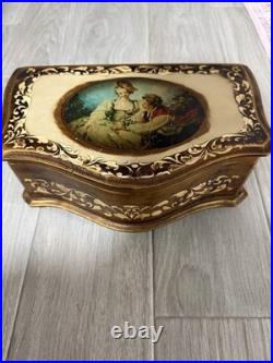 Vintage Florentine Wooden Musical Jewelry Box, Victorian Style Romantic Scene