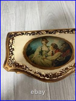 Vintage Florentine Wooden Musical Jewelry Box, Victorian Style Romantic Scene