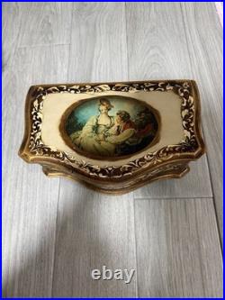 Vintage Florentine Wooden Musical Jewelry Box, Victorian Style Romantic Scene