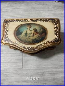 Vintage Florentine Wooden Musical Jewelry Box, Victorian Style Romantic Scene