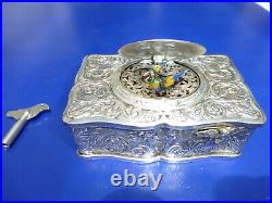 Vintage German Singing Bird Box Musical Automaton Silver Metal Case With Key