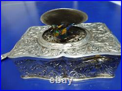 Vintage German Singing Bird Box Musical Automaton Silver Metal Case With Key