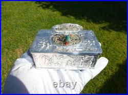 Vintage German Singing Bird Box Musical Automaton Silver Metal Case With Key