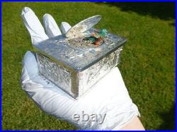 Vintage German Singing Bird Box Musical Automaton Silver Metal Case With Key