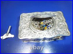 Vintage German Singing Bird Box Musical Automaton Silver Metal Case With Key