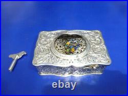 Vintage German Singing Bird Box Musical Automaton Silver Metal Case With Key