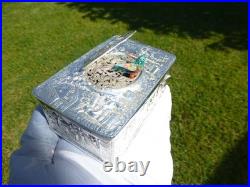 Vintage German Singing Bird Box Musical Automaton Silver Metal Case With Key