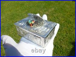 Vintage German Singing Bird Box Musical Automaton Silver Metal Case With Key