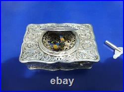 Vintage German Singing Bird Box Musical Automaton Silver Metal Case With Key