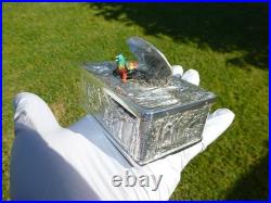 Vintage German Singing Bird Box Musical Automaton Silver Metal Case With Key