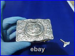 Vintage German Singing Bird Box Musical Automaton Silver Metal Case With Key