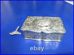 Vintage German Singing Bird Box Musical Automaton Silver Metal Case With Key