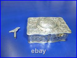 Vintage German Singing Bird Box Musical Automaton Silver Metal Case With Key