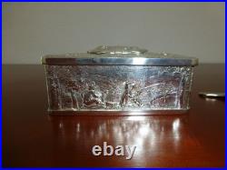 Vintage German Singing Bird Box Musical Automaton Silver Metal Case With Key