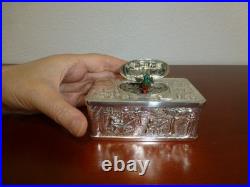 Vintage German Singing Bird Box Musical Automaton Silver Metal Case With Key