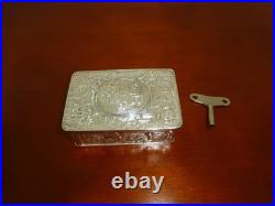Vintage German Singing Bird Box Musical Automaton Silver Metal Case With Key